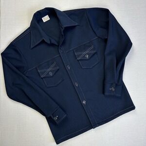 Vtg 70s Kings Road Sears Button Shirt Disco Men M Blue White Stitching Point